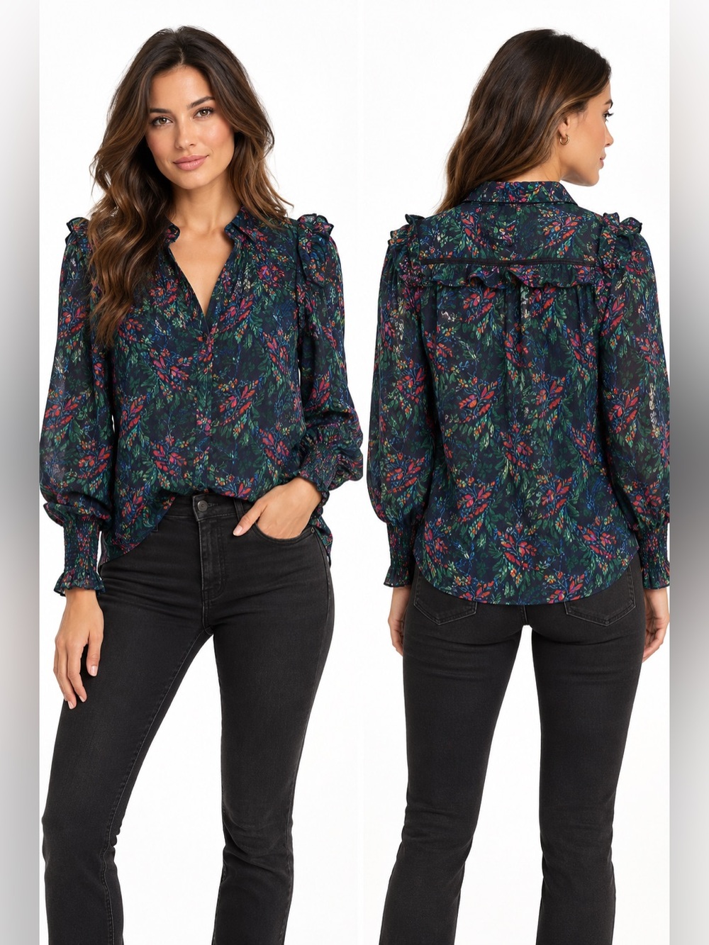 Hale Bob Botanical Print Ruffle Blouse